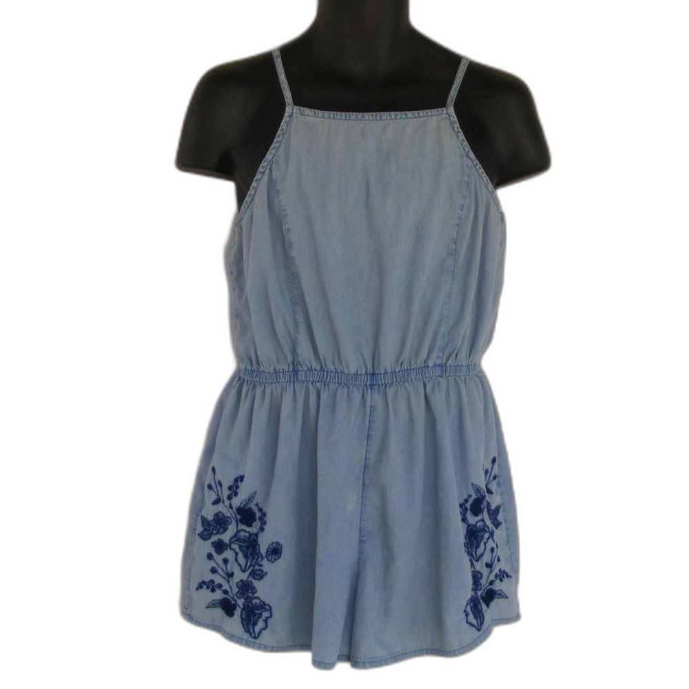 MOSSIMO Romper, L Chambray Blue, Spag Strap, embroidered Floral